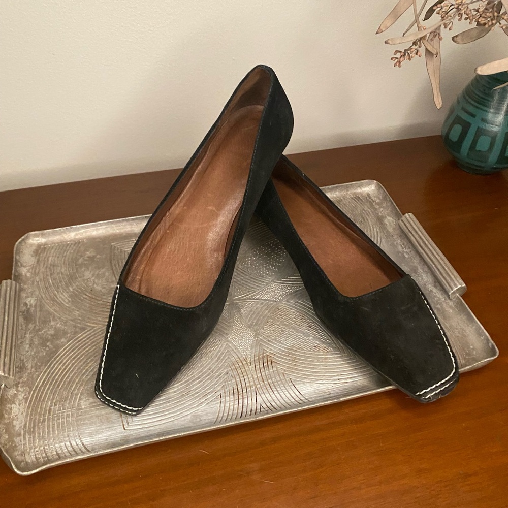 Delman square toe black suede flats with a contrast stitching